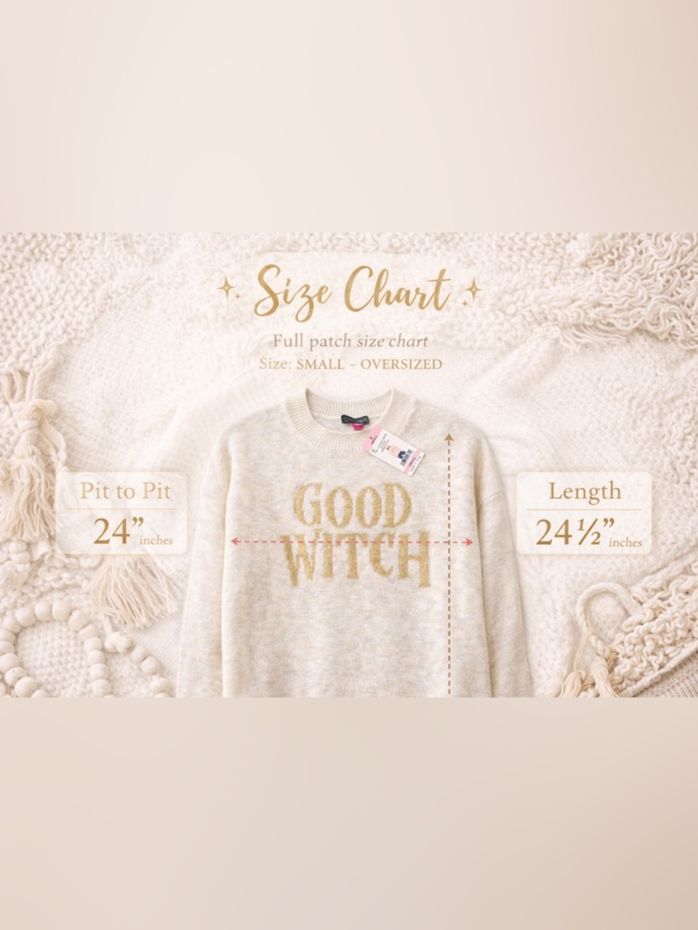 Vince Camuto Good Witch Sweater Small Oversized Cream Gold Graphic Cozy NWT $79 - Picture 3 of 3